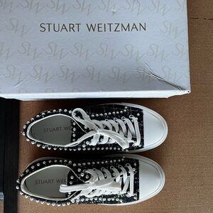 Stuart Weitzman Black and dark green Pearl-Embellished Sneakers